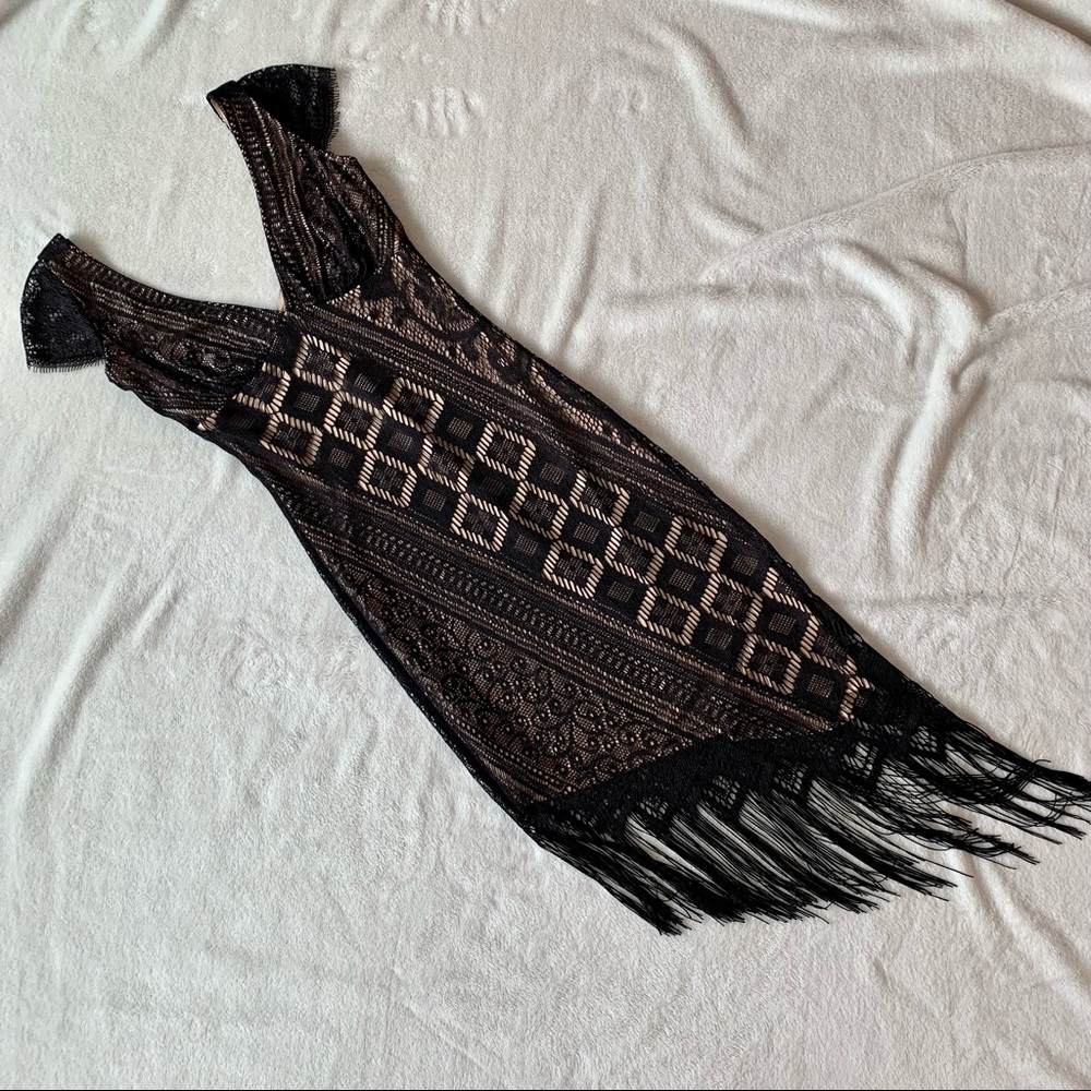 Moda International Lace Little Black Dress with Fringe, size 4